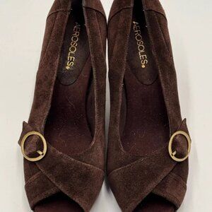 Aerosoles Womens 8.5 Geneva Rich Brown Soft Suede Peep Toe 3.5 Heels